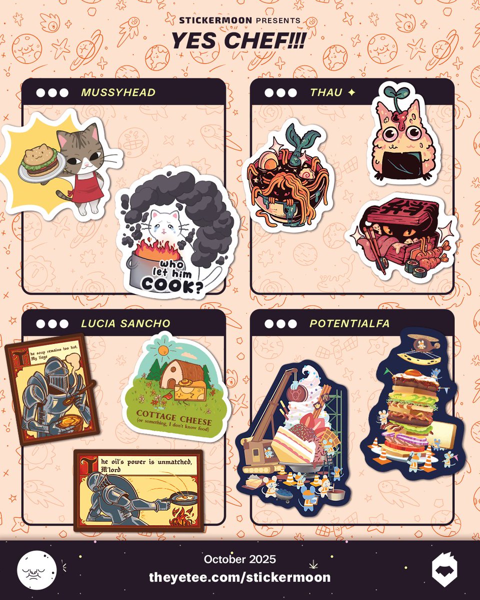 theyetee's tweet image. Take a closer look at the stickers waiting in October's Stickermoon set, Yes Chef! Today's your last chance to sign up and get stickers from artists: @mussyhead @athanuki @PotentialFA and Lucia Sancho! theyetee.com/stickermoon