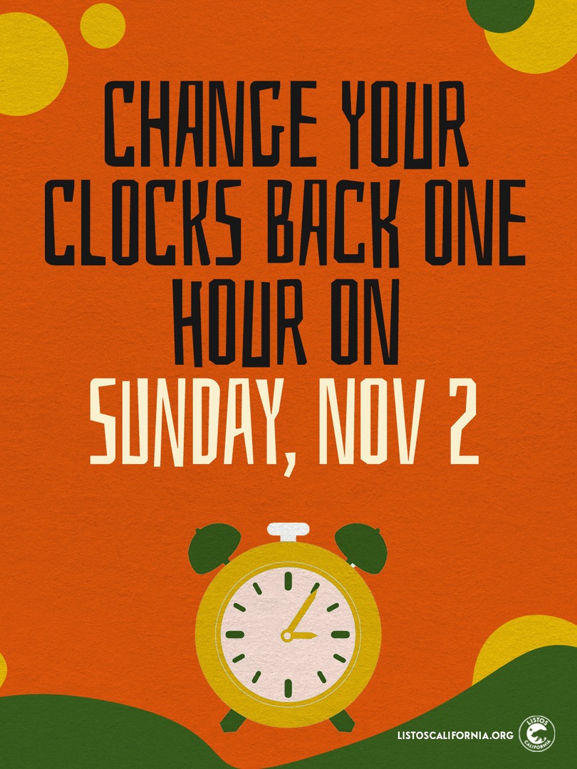 Daylight Saving Time ends this weekend! 

As you fall back and set your clocks, take five extra minutes to get ahead on your family’s emergency preparedness plans.

Visit listoscalifornia.org for tips, resources, downloads and more.