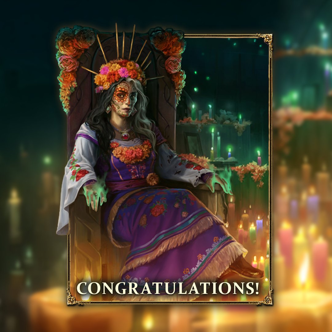 Congratulations, Heroes! 
 
Hel is pleased with your offerings and has rewarded you with her newest portrait. We wish you a peaceful and reflective Día de Muertos. 
 
The next Pantheon Pin-up starts tomorrow; prepare yourselves for festive fun! 🐦‍⬛🎁
