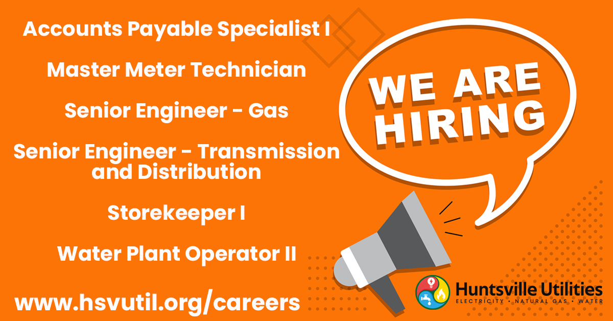 ➡️ JOBS JOBS JOBS ⬅️

Open Positions:
Accounts Payable Specialist I
Master Meter Technician
Senior Engineer - Gas
Senior Engineer - Transmission &amp; Distribution
Storekeeper I
Water Plant Operator II

For more information or to apply: hsvutil.org/careers
#jobs #hiring
