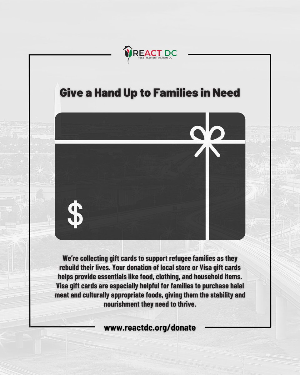 reactdcorg's tweet image. 💛 Help refugee families in Northern VA thrive! Send local store or Visa gift cards (for halal &amp;amp; essentials) to: Peace Lutheran Church, 6362 Lincolnia Rd, Alexandria, VA 22312 c/o REACT DC. Every card makes a difference! #SupportRefugees #REACTDC