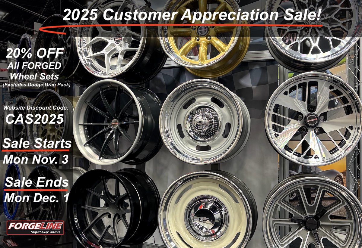 ForgelineWheels's tweet image. Yes, it's happening; the 2025 Forgeline Customer Appreciation Sale is here! Get 20% off #OnSale #Forgeline #forgedwheels throughout the month of November. Learn more at: forgeline.com/blog/the-2025-…