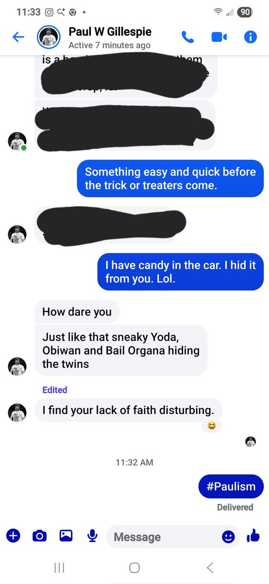 jldonatelli's tweet image. I was talking about dinner before the trick or treaters arrive. @pwgphoto was talking about work at first, so I redacted his comments. But Halloween candy always gets his attention. #Paulism with a visual aid.