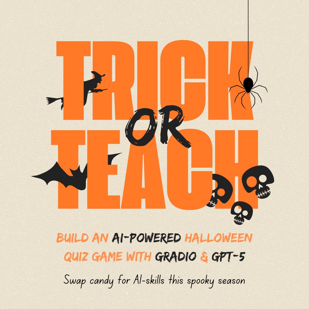 CognitiveClass's tweet image. Not trick or treating this Halloween? Do something cooler.

In this beginner friendly project, you will build an interactive Halloween quiz game powered by GPT-5 and Gradio.

You will learn how to:
🎃 Generate quiz questions in real time using GPT-5
🎃 Add lifelines like 50-50…