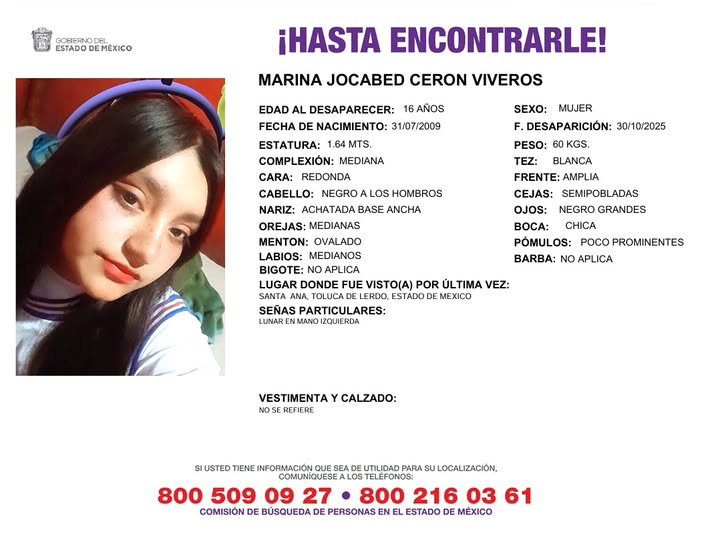 Solicitamos de tu apoyo en difusión para dar pronta localización a Marina Jocabed Cerón Viveros, comunícate a los teléfonos al pie del boletín. #TodosEnLaBúsqueda