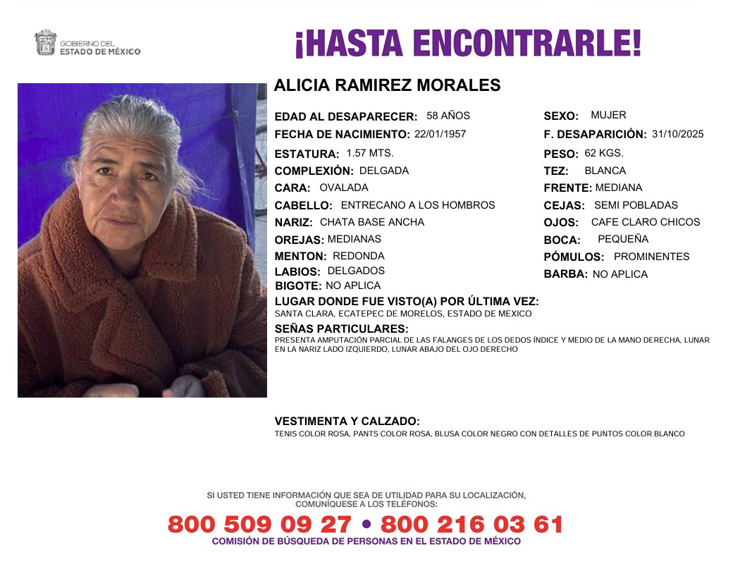 Solicitamos de tu apoyo en difusión para dar pronta localización a Alicia Ramírez Morales, comunícate a los teléfonos al pie del boletín. #TodosEnLaBúsqueda