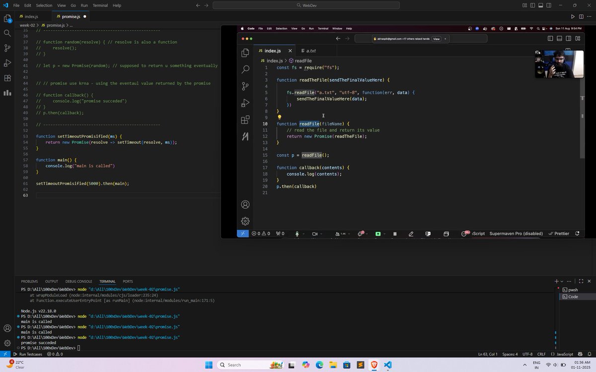 ShubhamSPawde's tweet image. Day 2 of Week 2! 
🚀 Learned about JavaScript classes, promises, and how to promisify functions like setTimeout, fs.readFile, and fs.writeFile. Getting more comfortable with async patterns. #100XDev #Cohort3.0 #javascriptframeworks @100xDevs