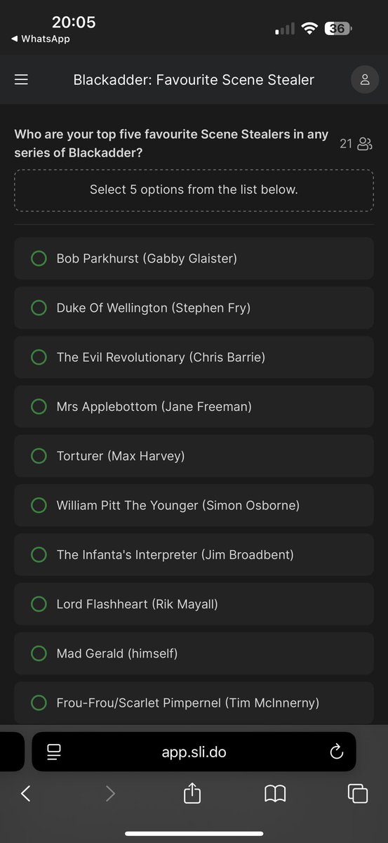 Please vote for your top 5 Blackadder 'Scene Stealers' in a poll.

No need to sign up or log in - just click the link below, select your five characters and press send.

Some of the options appear below as a taster.

app.sli.do/event/9nF95Vos…