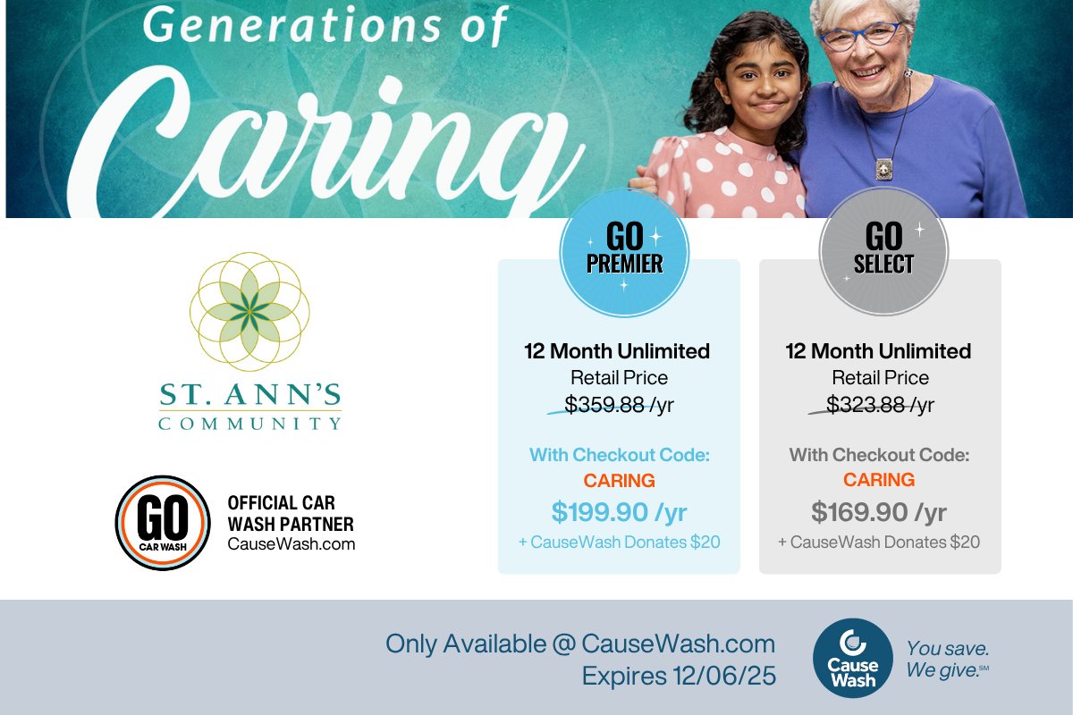 We support the <a href="/StAnnsComm/">St. Ann's Community</a> with a $20 donation, and you get exclusive savings when you use the checkout code CARING. rochester.causewash.com/partners/st-an…

Switching your monthly plan to a prepaid option is simple - just visit the office at any <a href="/TheGOCarWash/">GO Car Wash</a> location. #rochesterny #buffalo
