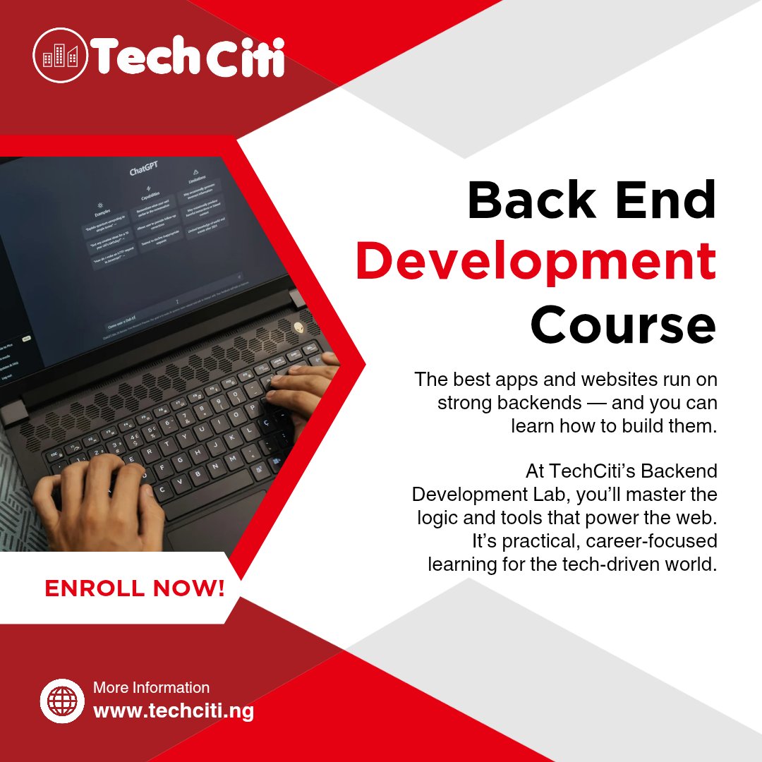 TechCitiNg's tweet image. At TechCiti’s Backend Development Lab, you’ll gain hands-on experience in creating powerful, scalable systems that keep the web running.
Build the backbone of the digital world. ⚙️
#TechCiti #BackendDevelopment #WebDevelopment #FutureReady #TechTraining