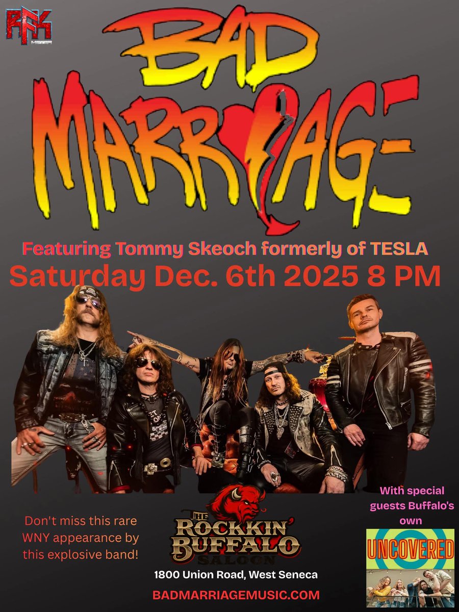 BadMarriageBand's tweet image. West Seneca NY... Get your Tickets! 
@BadMarriageBand will be at the Rockin' Buffalo  on December 6th.
🤘🔥🎸🎸🔥🤘
#RockandRoll 
#OriginalRock 
badmarriagemusic.com