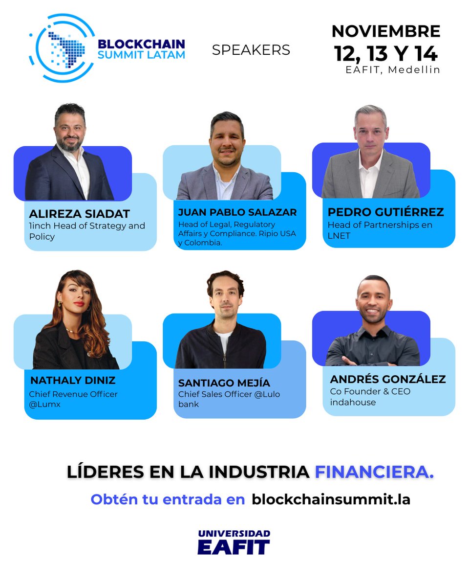 💥 Speakers que están redefiniendo el futuro del dinero digital te esperan en #BSLatam2025.

📍 <a href="/EAFIT/">Universidad EAFIT</a>, Medellín
🗓️ 12, 13 y 14 de noviembre

Conecta, aprende y forma parte del movimiento que está cambiando el rumbo de la innovación financiera en Latinoamérica. 🔗🌎