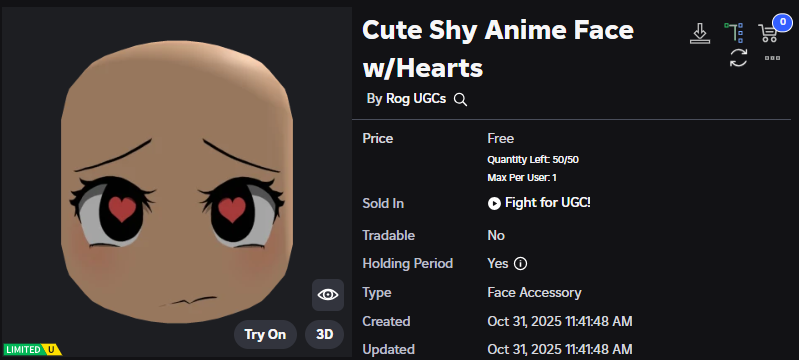 Xh0PlUgc's tweet image. 🔴New limited item &lt;&lt; Fight for UGC &gt;&gt;
📦Stock: 50
❗How to get it: You will need to accumulate 630,000 points and then you can get it.
➡️roblox.com/catalog/121661…
➡️roblox.com/games/10800422…
#Roblox #RobloxDev #RobloxFreeUGC #RobloxUGCLimited