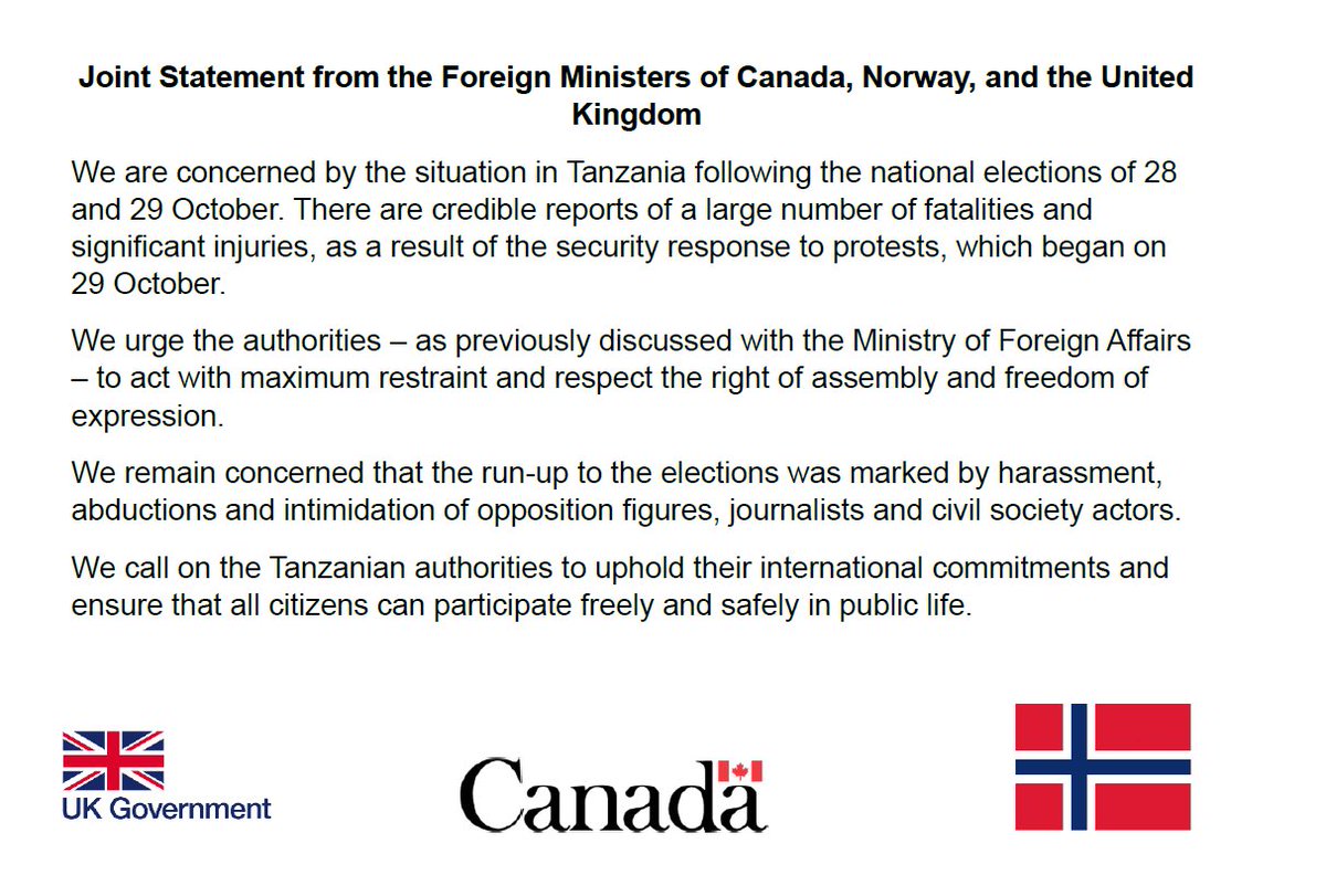 C_NyaKundiH's tweet image. The governments of Canada, Norway, and the United Kingdom have issued a joint statement expressing serious concern over the situation in Tanzania following the national elections held on October 28 and 29.
The statement cites credible reports of multiple fatalities and injuries…