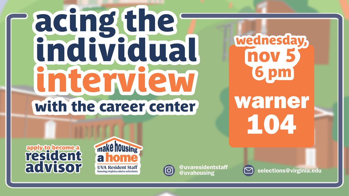 If you've been invited for an RA Selections individual interview but not participated in one before, join us for Acing the Individual Interview TODAY, Wednesday, Nov. 5 at 6 p.m. at Warner 104! Learn tips and tricks on presenting yourself as a candidate! at.virginia.edu/RAInterviewWor…