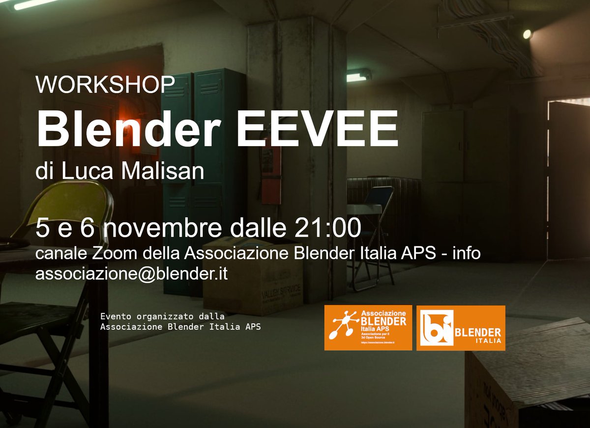 Ho il piacere di annunciare il prossimo workshop tenuto da Luca Malisan su Blender EEVEE.
Il workshop sarà disponibile sulla piattaforma Zoom della Associazione Blender Italia APS il 5 e 6 novembre dalle 21:00 Per info associazione@blender.it