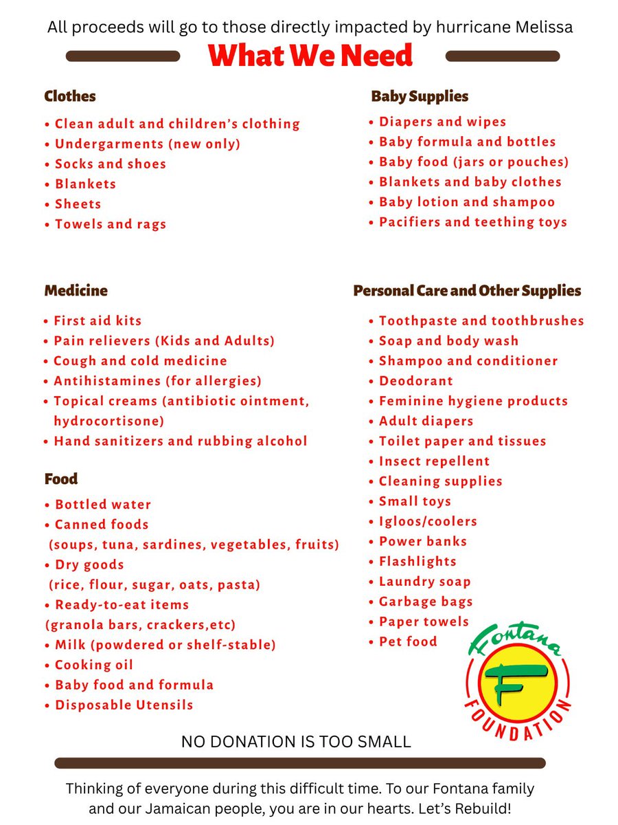 💛 Let’s help those impacted by Hurricane Melissa. Drop off donations—food, medicine, clothes, baby needs, personal care &amp; cleaning supplies—at the front of any Fontana store. Every contribution brings relief &amp; hope. #FontanaCares #HurricaneMelissaRelief