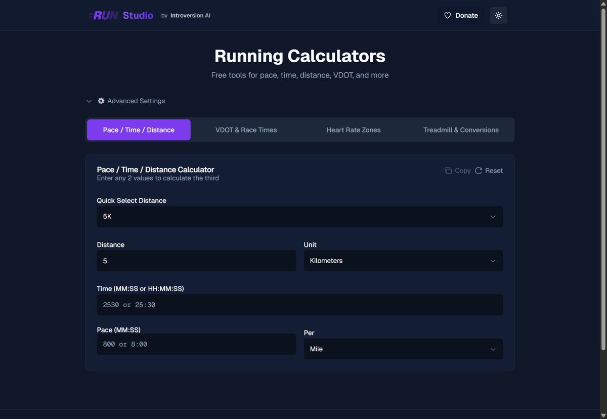 introversionAI's tweet image. Check out our new free tool for runners: Run Studio.

A running calculator that actually does what you need:

Pace ↔ Time ↔ Distance

VDOT race time predictions

Heart rate training zones

Treadmill incline conversions

Free to use. No accounts required. No ads.…