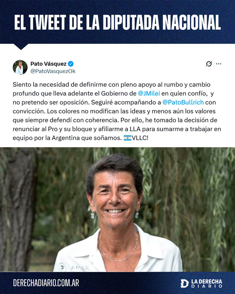 🚨🇦🇷 | #URGENTE La diputada nacional Patricia Vásquez anunció que deja el PRO para afiliarse a La Libertad Avanza del presidente Javier Milei: "He tomado la decisión de renunciar al Pro y su bloque y afiliarme a LLA para sumarme a trabajar en equipo por la Argentina que soñamos".