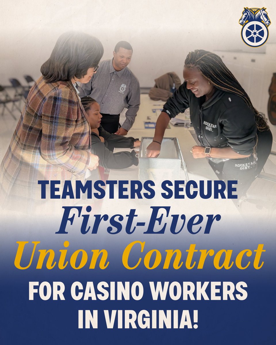 Teamsters's tweet image. Workers at Rivers Casino in Portsmouth, Va., represented by Teamsters Local 822, have voted by a 95 percent margin to ratify a collective bargaining agreement. They are the first casino workers in Virginia to ever secure a union contract — setting a precedent for fairness, wages,…