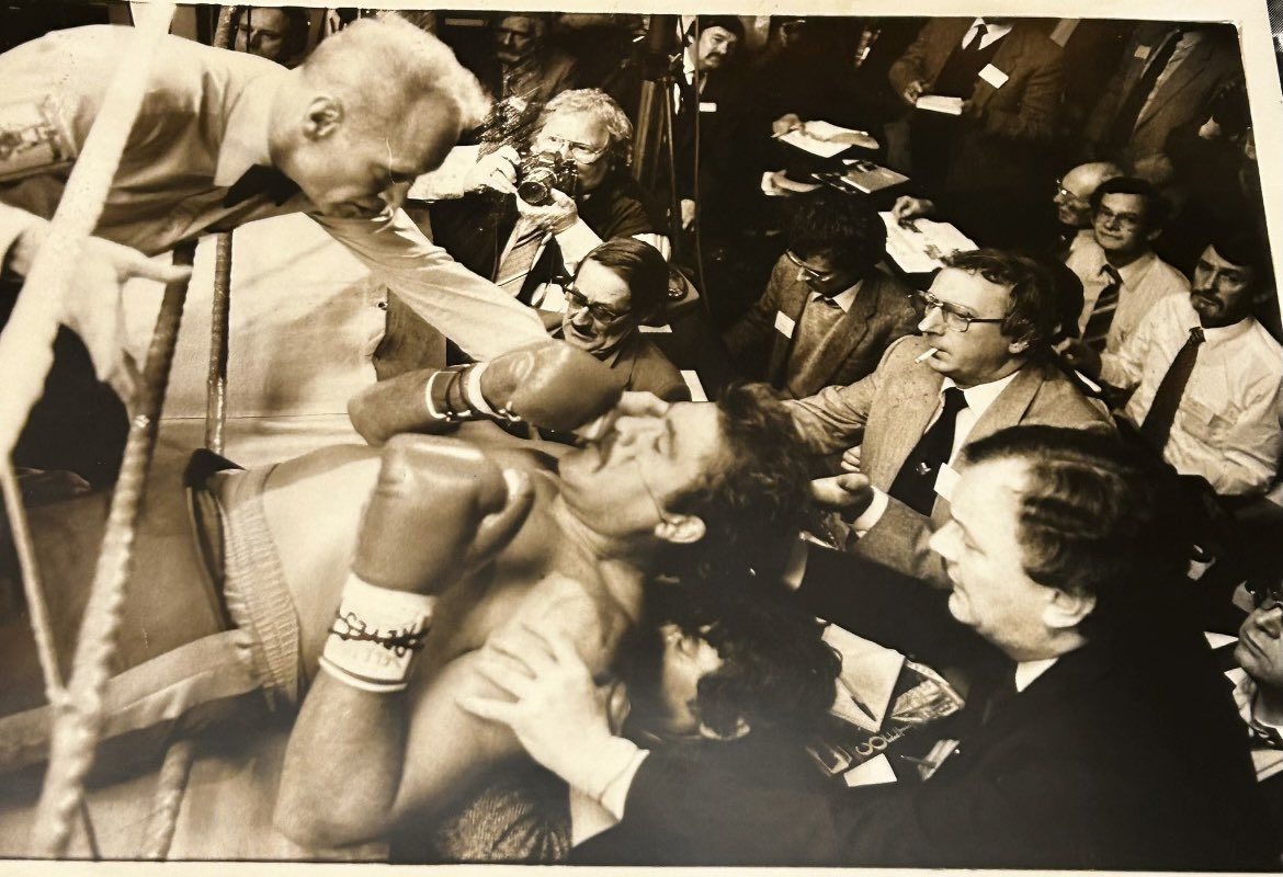 Dad’s going through some old photos. Gerry Coetzee, having been knocked spark out by Frank Bruno, landing on his typewriter. On a Saturday night. On deadline. We all sat at home and shouted out “There’s Dad!!” as he tried to lift Gerry’s unconscious head off his keyboard.