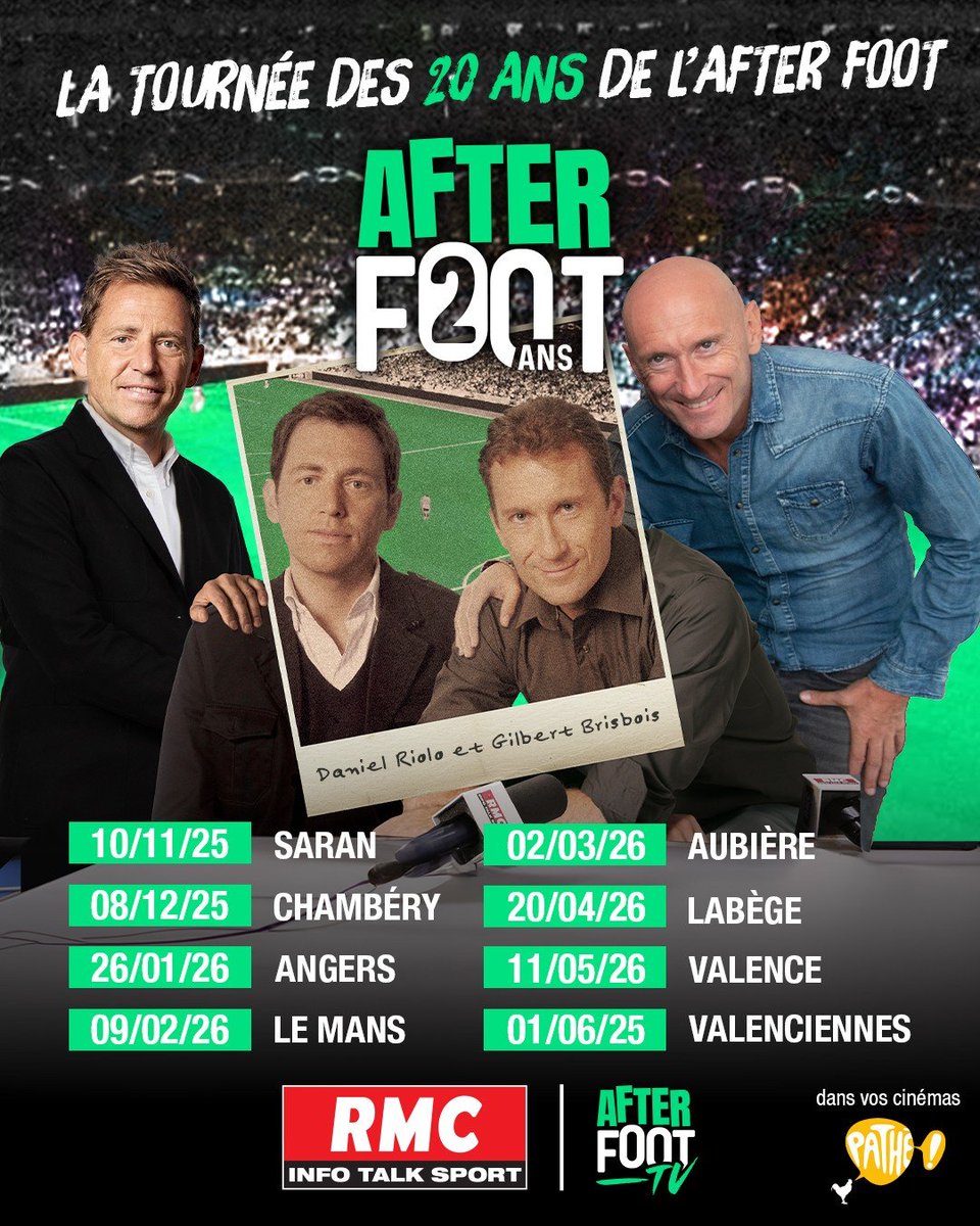 🎙️ L’After Foot part en tournée pour fêter ses 20 ans !

L’émission qui dit tout haut ce que le monde du foot pense tout bas débarque dans vos villes 🔥

🎬 Rendez-vous très vite dans vos cinémas Pathé avec RMC et l’After Foot.
