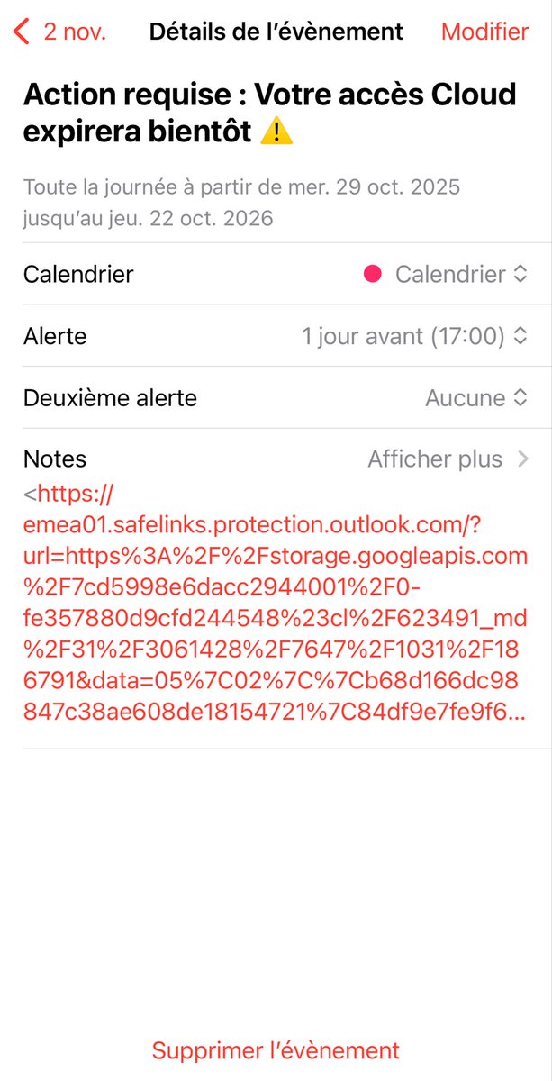 À l’aide! 
Propriétaires d’iPhone.
J’ai ce truc ultra suspect qui apparaît tous les jours dans mon calendrier, comment m’en débarrasser??😭
Mon tel s’est fait hacker? Que faire??