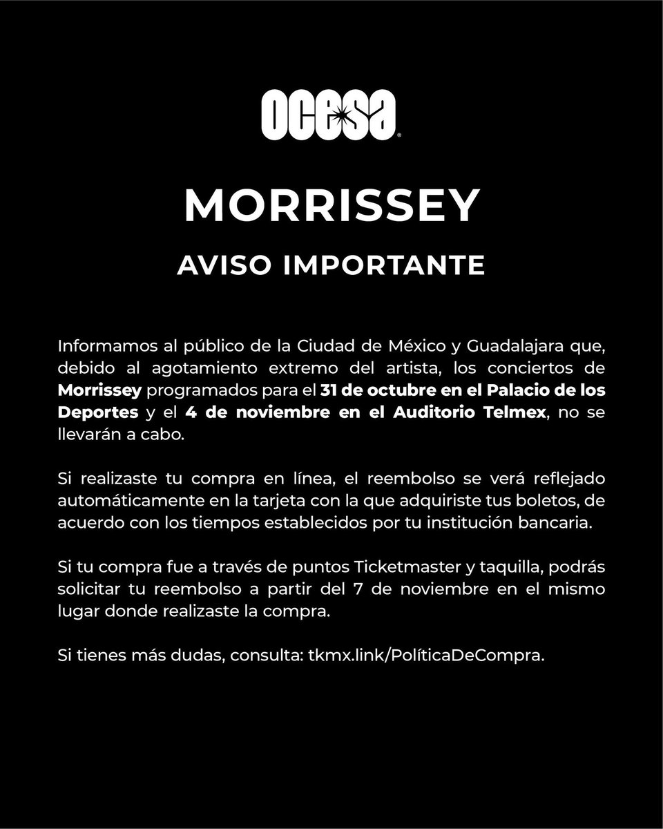Morrissey cancela su concierto en Guadalajara... y también en CDMX. Dice que anda cansado.