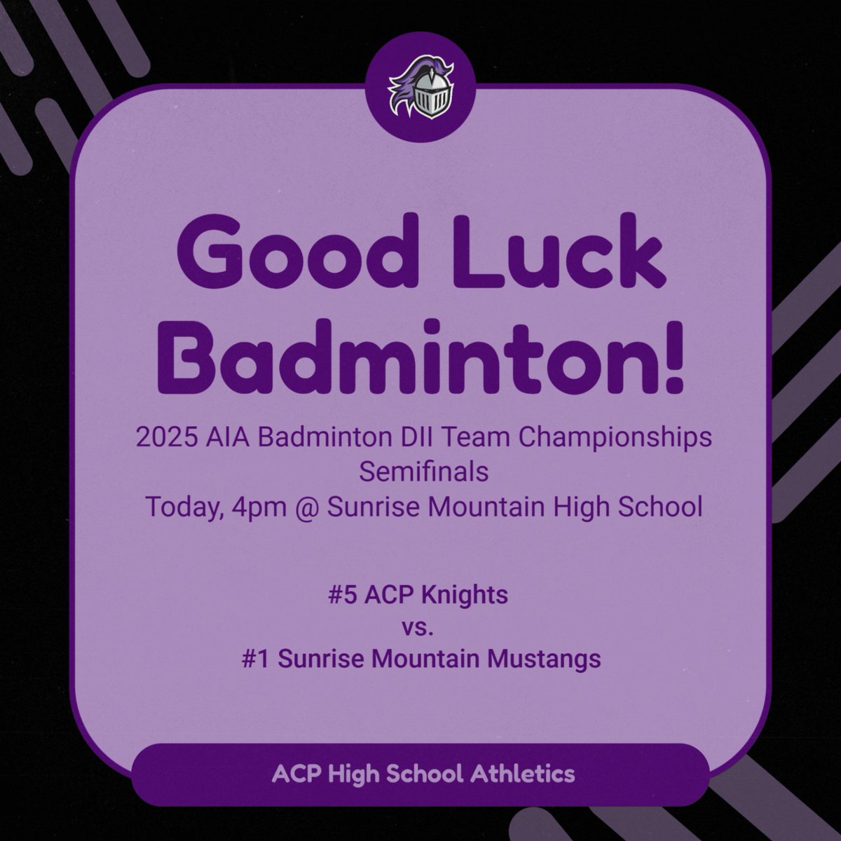ACPAthletics's tweet photo. Good luck to our ACP Badminton team as they compete in the Division II AIA State Semifinals today! Your hard work, grit, and teamwork have brought you this far. Now finish strong, Knights! Let’s bring it home!
#ACPBADMINTON #AIAState #GoKnights @cusdathletics https://t.co/zrpCxnCYh9