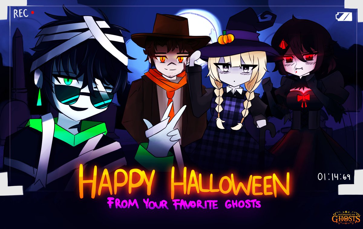 Happy Halloween to everyone from Matchmaking for Ghosts! We hope you wear your scariest costumes and eat lots of candy! You're never too old to trick-or-treat~ 

Thank you all! 🎃
#HappyHalloween #horrorgame #visualnovel #gamedev #spookymonth #datingsim