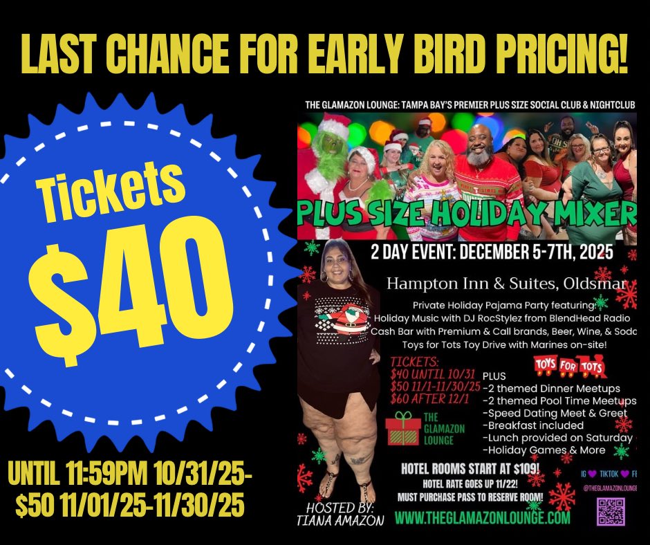 TianaAmazon's tweet photo. Grab your tix now for just $40 &amp; lock in your spot for our two-day event in Tampa, Florida! 🌴

👉 Get your early bird pass b4 the clock strikes 12! https://t.co/FBtv8uq1QY 

#PlusSizeHolidayMixer #TheGlamazonLounge #TampaFlorida #PlusSizeEvents #CurvyCommunity #thingstodointampa https://t.co/0zStAUYURM