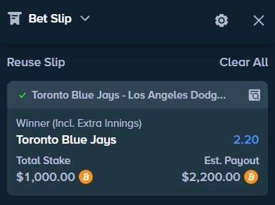 I put $1,000 on the jays winning the world series tonight, of course only on <a href="/Stake/">Stake.com</a> 🧡

If this hits I'm sending out a ridiculous amount of tips so retweet and drop your username below 👇