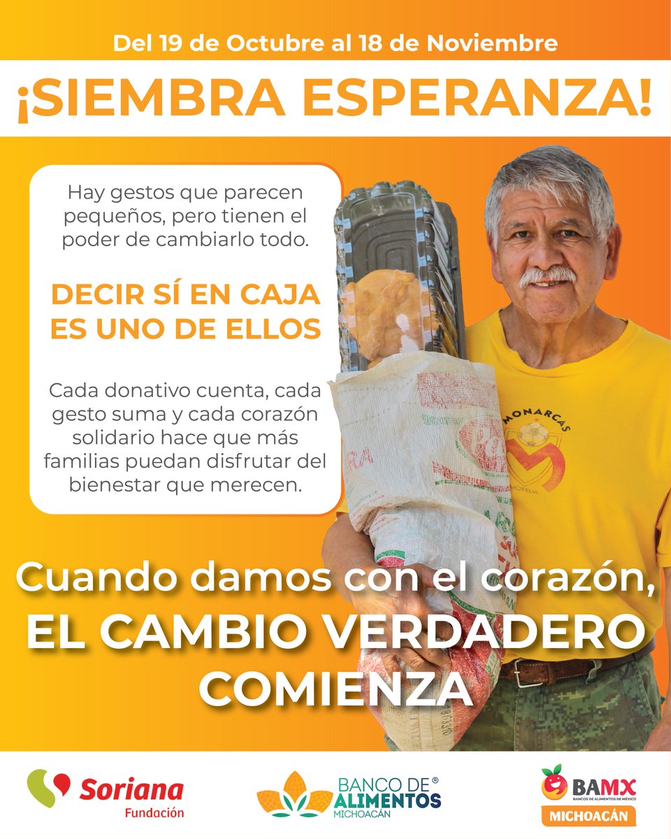 A veces no se necesitan grandes gestos para cambiar vidas.

Solo un “SÍ” en caja <a href="/OrgSoriana/">Organización Soriana</a>  puede llenar de alimento y esperanza los hogares de muchas familias en Michoacán🌾

Tu ayuda alimenta, transforma y siembra esperanza. 💛
#Soriana #Alimentacion #BAMXMichoacán