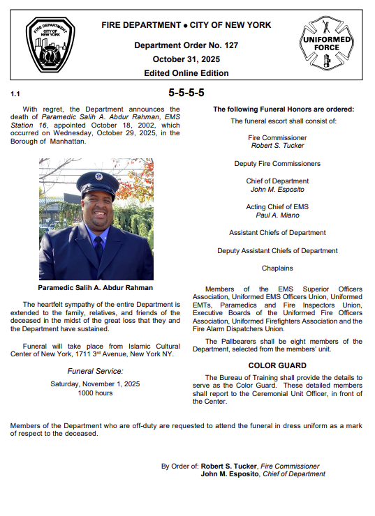 In lieu of flowers, the family of FDNY EMS Paramedic Salih A. Abdur Rahman requests that donations in support be made to:  The Paramedic Salih A. Abdur Rahman Children’s Scholarship Fund.
