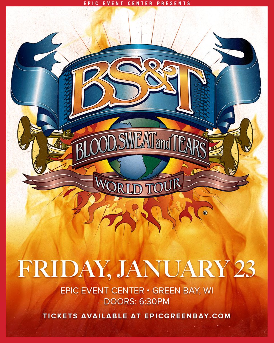 EPICGreenBay's tweet photo. 🔥 TICKETS ON SALE NOW! 🔥
Blood, Sweat &amp; Tears – live at EPIC on 1/23!
Get ready for a powerhouse night of horn-driven rock, jazz, and soul with timeless hits like “Spinning Wheel” and “You’ve Made Me So Very Happy.”
🎟️ Grab your tickets now at https://t.co/7r9Pndgwxu ! https://t.co/xJUAxZHGlz