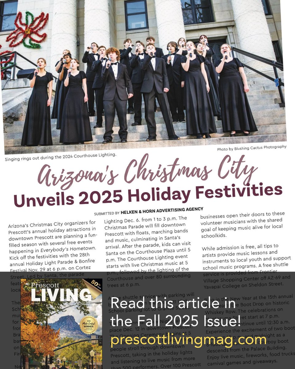 living_prescott's tweet image. Holiday events in Arizona's Christmas City are coming up soon! This article appears in the new Fall 2025 issue of Prescott LIVING. Read the article on our website: 
⭐️ prescottlivingmag.com/arizonas-chris… 
Or pick up a free copy of Prescott LIVING.