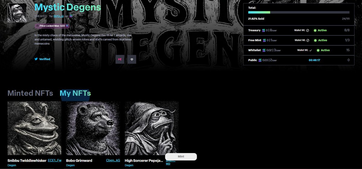 Grabbed the whitelist and minted some 3 rares on <a href="/MysticDegens/">Mystic Degens 🔮</a>. I'm waiting for the public mint now.

Try to take it on public!

launchmynft.io/sol/20882