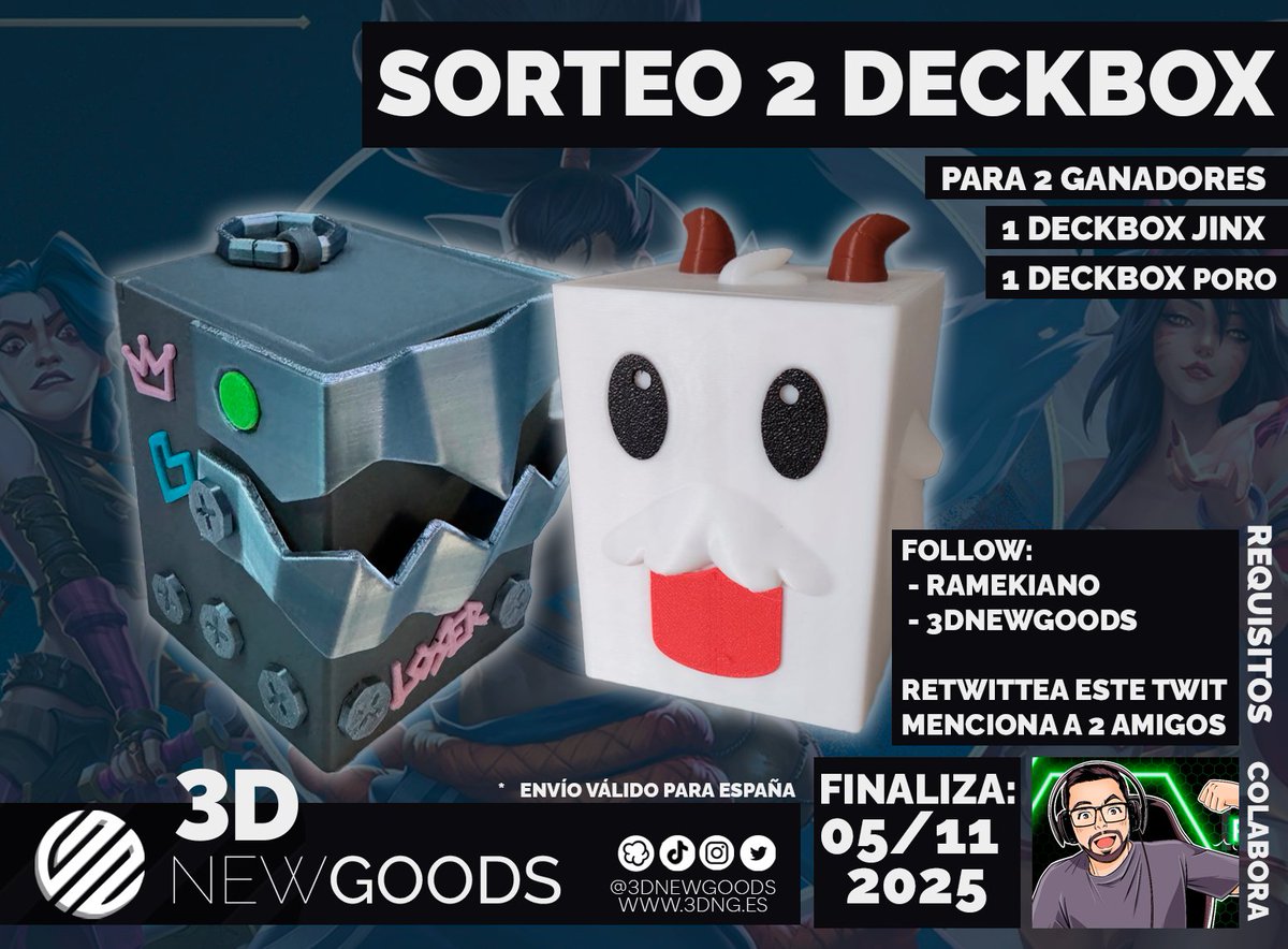 ⚠️Sorteaco⚠️

Si juegas a TCGs, como por ejemplo Riftbound (ejem ejem) o simplemente quieres un porete de adorno.
Gracias a la gente de <a href="/3DNewGoods/">3D NewGoods</a> sorteo estos 2 deckbox.

Tenéis los requisitos en la imagen👇🏻👇🏻