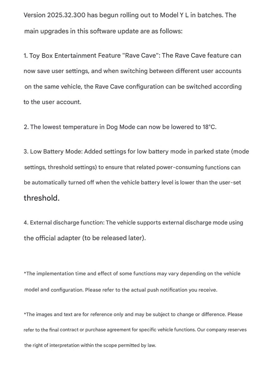 DriveTeslaca's tweet image. NEWS: Tesla has released software update 2025.32.300 in China, and it includes Vehicle-to-Load (V2L) support for the Model Y L.
The Model Y Performance also supports V2L, but the feature has yet to be enabled.
Requires the Tesla Outlet Adapter.