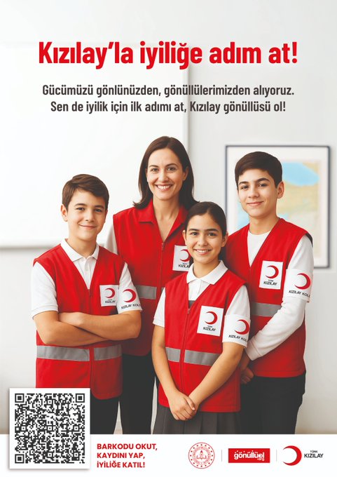 First image shows a family of four - mother and three children - wearing red safety vests with Turk Kizilay logo, standing together in a group pose on a white background, with Turkish text about taking steps to the village and volunteering, plus a QR code and logos at bottom. Second image depicts a woman and three children in red vests and school uniforms, smiling and posing, with text about having a heart for the village and volunteering, including QR code and sponsor logos. Third image features two children in black and white style, one boy and one girl in school uniforms holding bags with crescent moon designs and Turk Kizilay patches, against white background, with text on unchanging brave hearts and volunteering, plus QR code and logos.