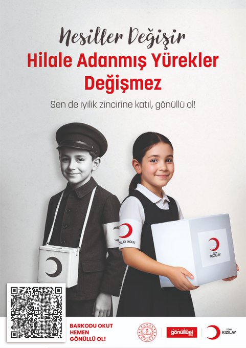 First image shows a family of four - mother and three children - wearing red safety vests with Turk Kizilay logo, standing together in a group pose on a white background, with Turkish text about taking steps to the village and volunteering, plus a QR code and logos at bottom. Second image depicts a woman and three children in red vests and school uniforms, smiling and posing, with text about having a heart for the village and volunteering, including QR code and sponsor logos. Third image features two children in black and white style, one boy and one girl in school uniforms holding bags with crescent moon designs and Turk Kizilay patches, against white background, with text on unchanging brave hearts and volunteering, plus QR code and logos.
