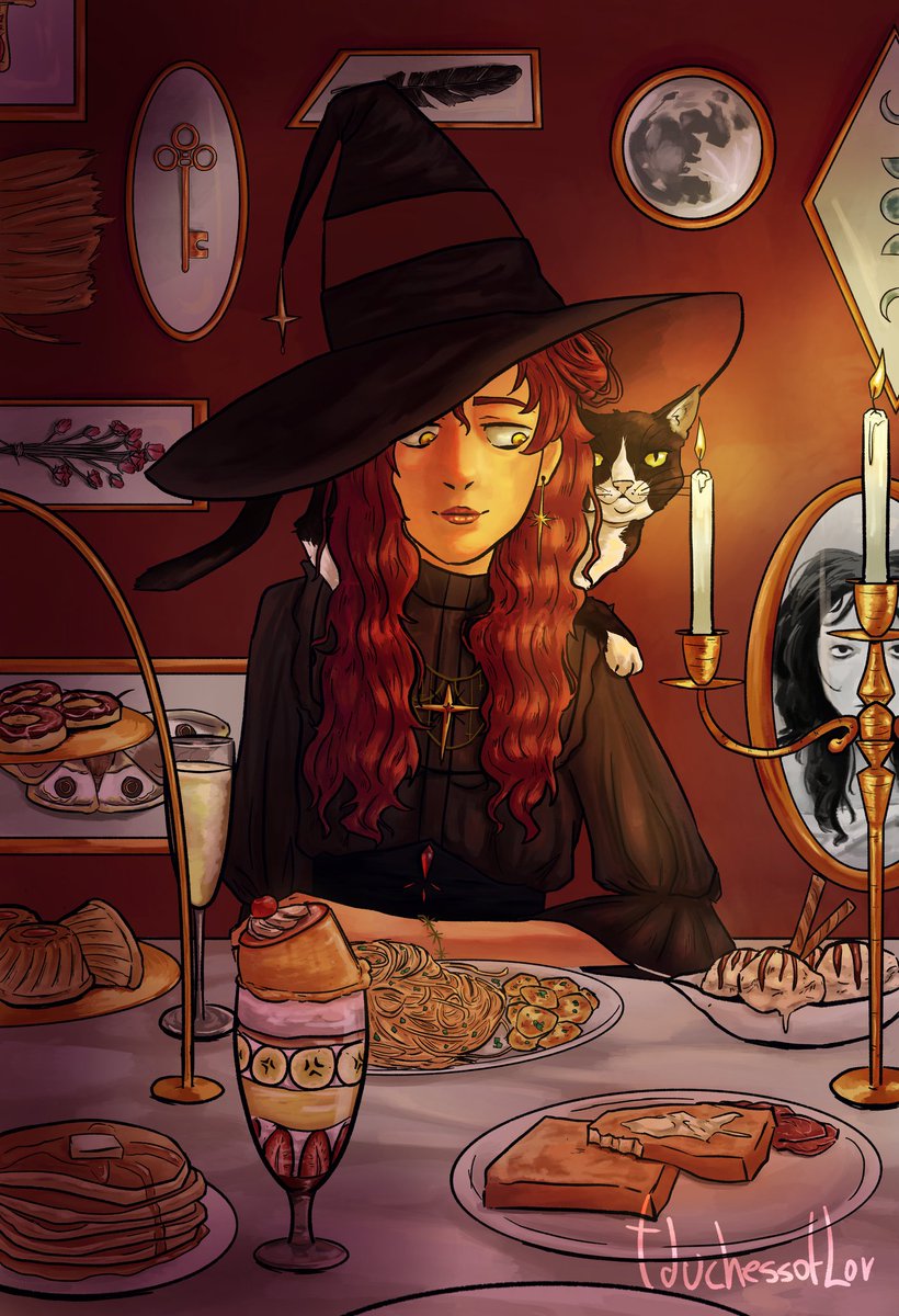 tduchessofLor's tweet photo. Happy Halloween! 

A witch and her cat. This took me way longer than I expected, I honestly thought I’d never finish. I want to get better at drawing animals so I can include them more naturally in my pieces. https://t.co/Rc7qz3F2qP