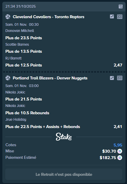 Matackk's tweet photo. ⚡ SAFE BET DU JOUR ⚡

Cote : 5.95
Mise : $30.70
Gain potentiel : $182.75 💰

#NBA #PariSportif #Stake #Safe https://t.co/2ayi1ovP44