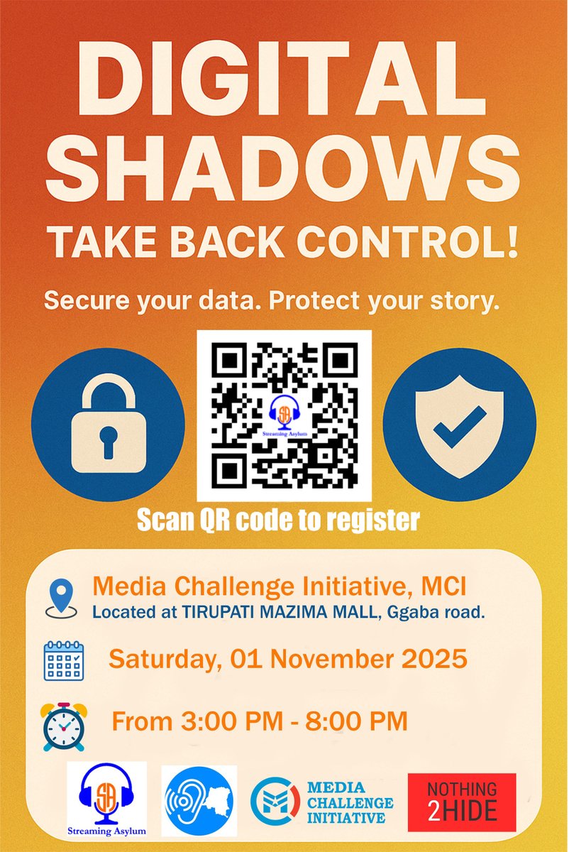 StreamingAsylum's tweet photo. 🚀Our team hit the streets of Kampala to mobilize young people, journalists &amp; refugee youth for Digital Shadows: Take Back Control event. It was a day to learn how to protect your data, spot scams, and stay safe online. 💻✨

📅 Scan the QR code to register
#DigitalSecurityMonth https://t.co/FRwADDdYH2