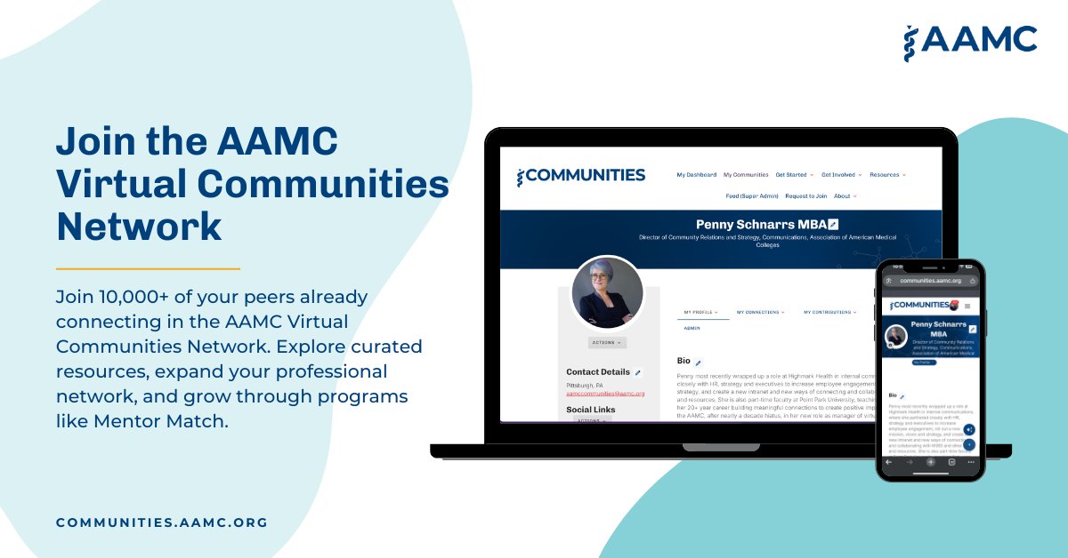 AAMCtoday's tweet image. Continue to network with your peers in #academicmedicine before, during, and long after #AAMC25 ends by joining the AAMC Virtual Communities Network. 10,000+ of your peers are already there! See you in the community! communities.aamc.org