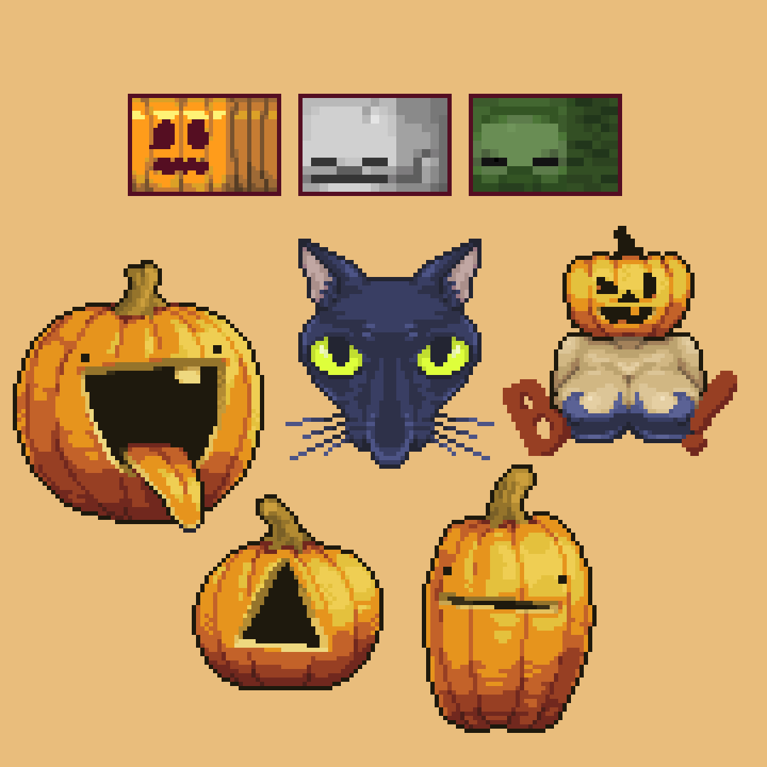 b0rkdotexe's tweet photo. More stickers for halloween this year. Side note if anyone cares: I have been creatively starved, but I had fun making these #pixelart #ドット絵 https://t.co/NQouocsbU4