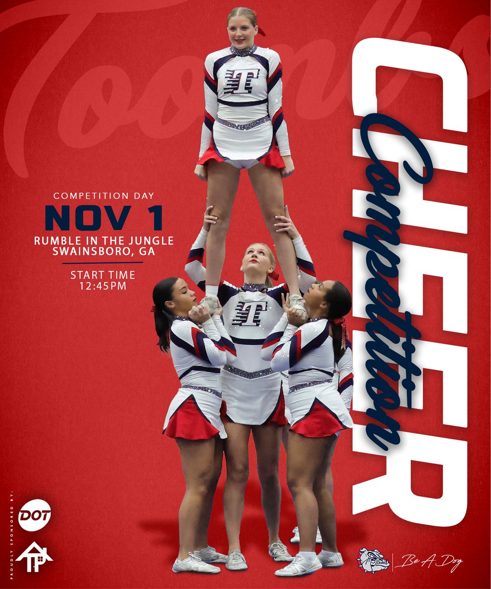 Toombs County Cheerleading Competition Day! 🐾
📣Rumble In the Jungle
📍Swainsboro, Ga
⏰ 12:45 PM
Proudly sponsored by Dot Foods and Todd Padgett Housing Center Inc. !
#BAD #BeADog #GoDogs #CommitToTheT