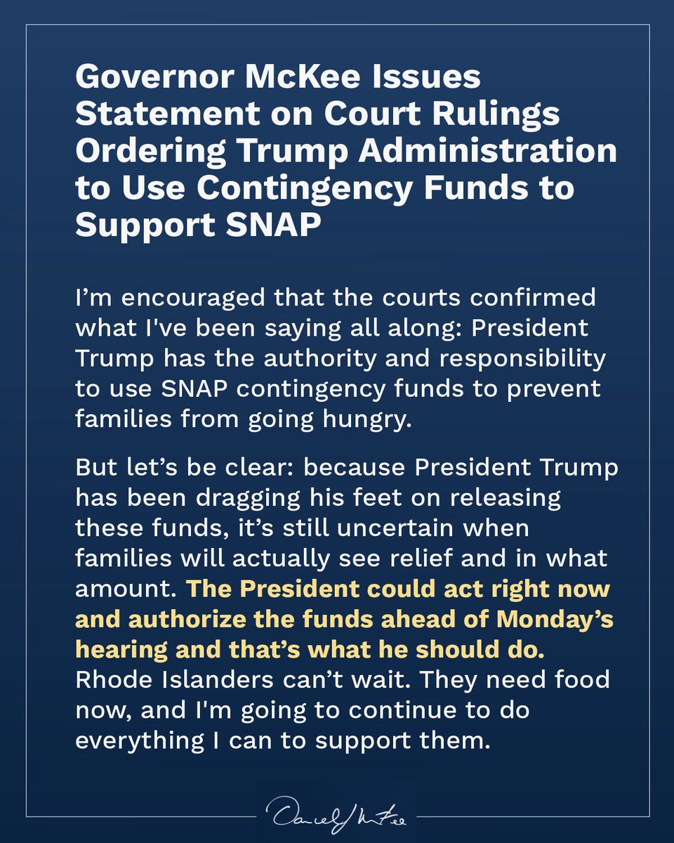 I’m encouraged by today’s court rulings, but let’s be clear: President Trump could act right now and authorize SNAP contingency funds ahead of the next court hearing on Monday—and that’s exactly what he should do.
