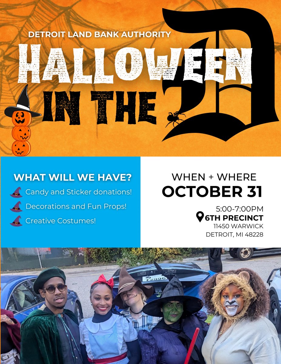 BuildingDet's tweet image. 🎃 It’s spooky season in the D! Join the Detroit Land Bank Authority for Halloween in the D — candy, costumes, and community fun at the 6th Precinct! 👻🍬
📅 October 31 | 5–7PM | 11450 Warwick, Detroit