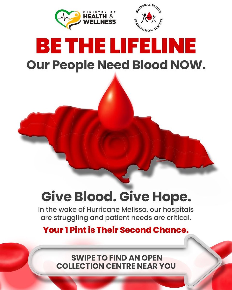 fluffymisskitty's tweet photo. You've been asking how you can help, Start here 🇯🇲

After #HurricaneMelissa, our hospitals are struggling and blood supplies are dangerously low.

Your donation doesn't just help, it saves lives. 🩸 https://t.co/ZAbTb1bO9u